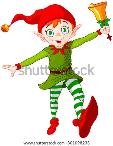 Christmas elf jumping and ringing in a bell