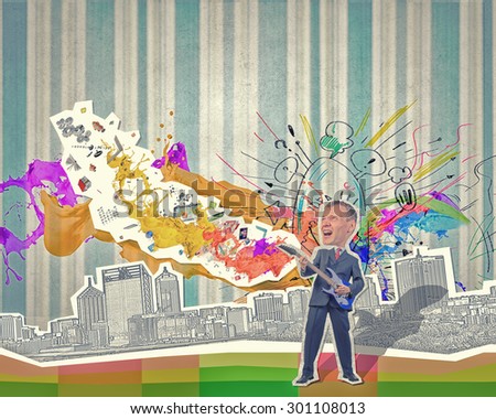 Young businessman playing guitar at composite collage background