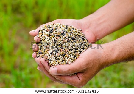 Farmer hand holding plant chemical fertilizer over green background