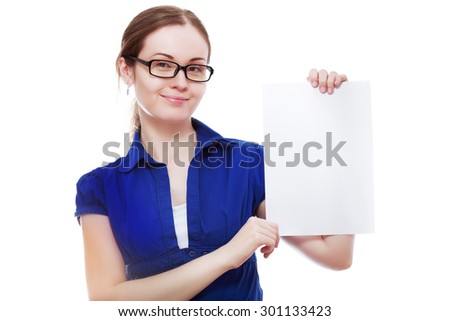 A beautiful woman holds out blank card Isolated on white background