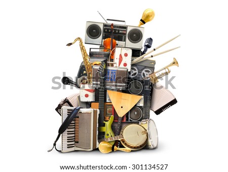 Music, musical instruments and vintage tape recorders Royalty-Free Stock Photo #301134527