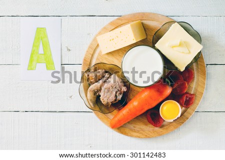 Source of vitamin A: carrots, butter, cheese, milk, cod liver oil, apricots, egg yolk Royalty-Free Stock Photo #301142483