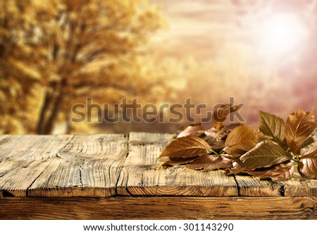 blurred background of golden autumn landscape and few leaves decoration on board place 