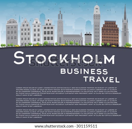Stockholm Skyline with Grey Buildings, Blue Sky and copy space. Business travel and tourism concept with place for text. Image for presentation, banner, placard and web site. Vector Illustration