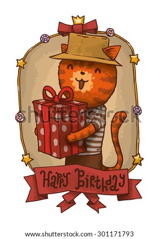 Cat in hat with gift, vector