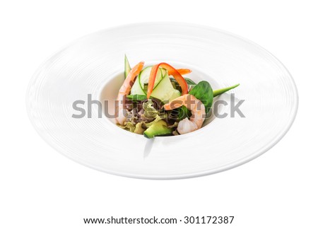 Shrimp salad with fresh vegetables isolated on white background