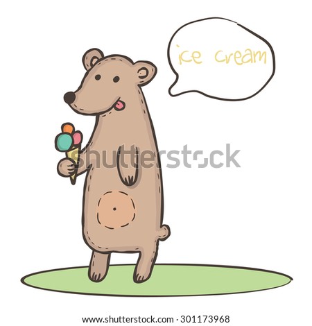 Wild animal brown bear with pink orange and blue ice cream and with round chat bubbles for text Vector illustration eps10