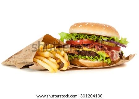 Beef burger and french fries isolated on white background Royalty-Free Stock Photo #301204130