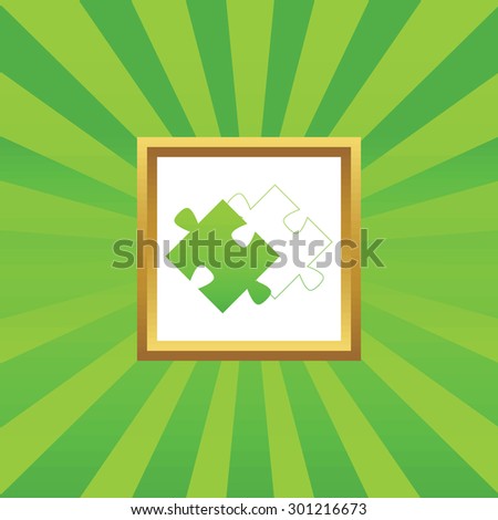 Image of puzzle and its contour in golden frame, on green abstract background