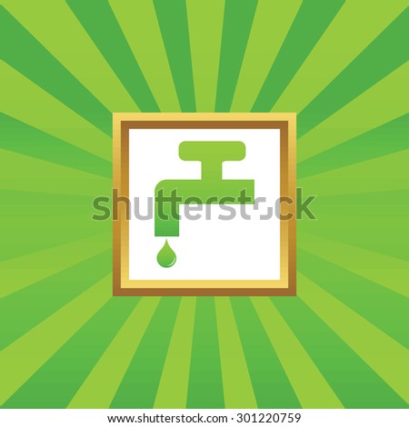 Image of tap and water drop in golden frame, on green abstract background