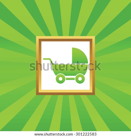Image of perambulator in golden frame, on green abstract background