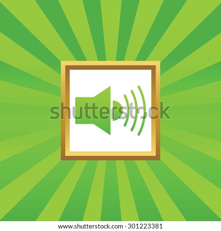Image of loudspeaker in golden frame, on green abstract background