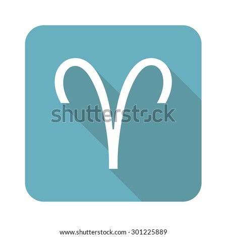 Image of Aries zodiac symbol in blue square, isolated on white