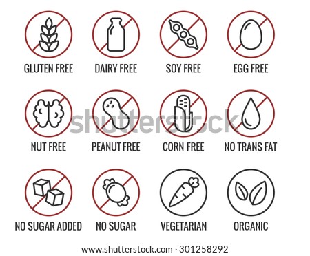 Set ingredient warning label icons. Common allergens (gluten, lactose, soy, corn and more), sugar and trans fat, vegetarian and organic symbols.
