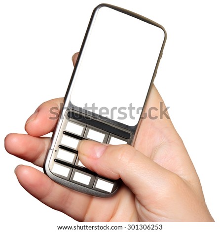 the mobile phone in a hand on a white background