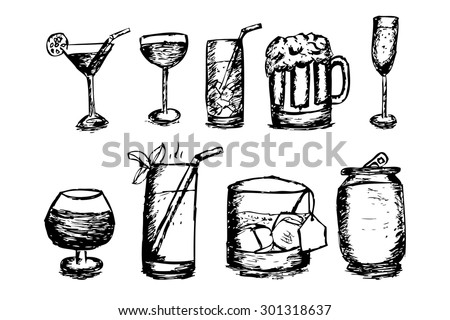 black and white hand draw sketch of glasses and can
