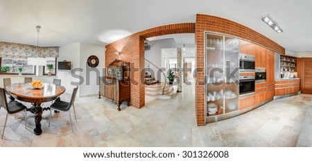 Bricky walls in the kitchen and dining area  Royalty-Free Stock Photo #301326008