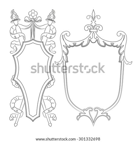 Outline luxury decorative ornate shield, frame and border. Set of coat of arms. Vector file