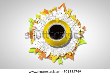Top view of cup of coffee on white background