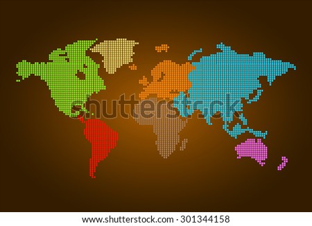 four color map of the world pixel background. vector illustration. dot. table. square. Mosaic. infographics. background for computer graphic website internet and technology. dark brown background.