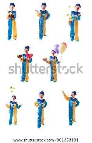 Set of pictures of little clown which gives gift, juggling balls, smiles, holding red heart and gives gift with balloons on a white background