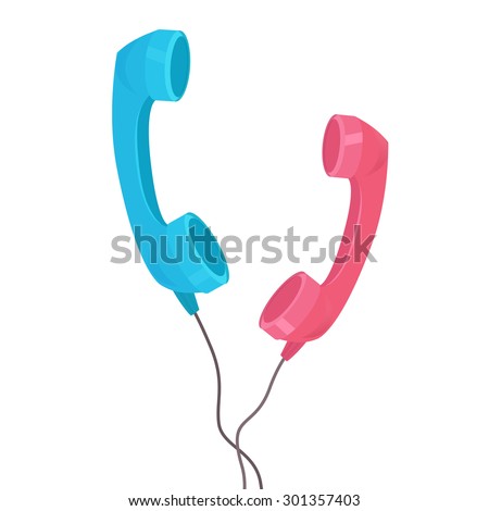Set of vector handsets with cords. Pink and blue handset. Communication in the distance. love