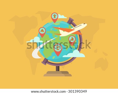 Travel around the world. Globe map, pin location, navigation and route, vector illustration