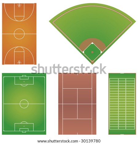 Five popular sport field layouts isolated on white background