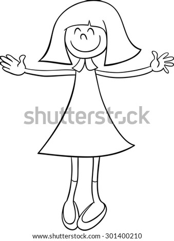 Black and White Cartoon Illustration of Happy Girl Character for Coloring Book