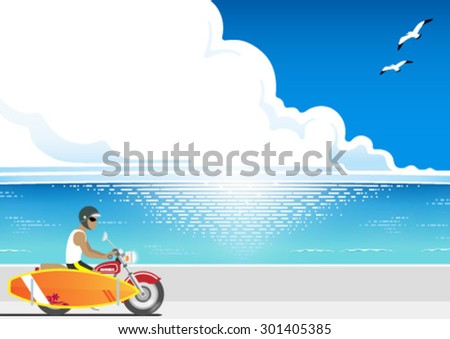 The surfer riding with a surfboard on his motorcycle