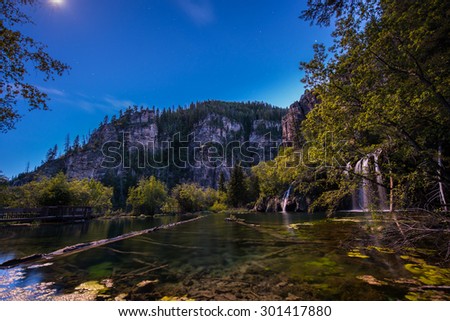Hanging Lake at Night lid by a moonlight, Glenwood Canyon Colorado