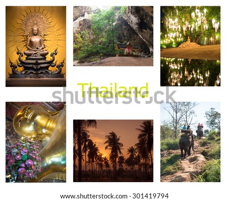 Collection of pictures with views of Thailand: statue of the Golden Buddha, the sacred temple in the cave, walking elephant, silhouettes of palm trees on the background of sunset