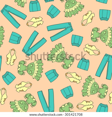Seamless texture of ladies wear. Vector illustration. Background  of women's casual clothes. Pants, shorts, singlet, sweater, jumper, jacket, jeans, dress, blouse, skirt. 