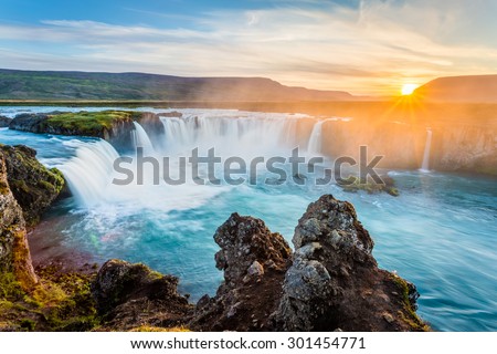 Godafoss waterfall at sunset, Iceland, Europe Royalty-Free Stock Photo #301454771