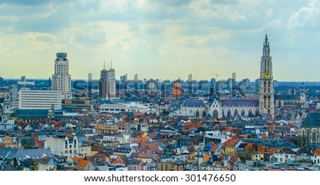 View over Antwerp with cathedral of our lady taken from the top of mas museum. Royalty-Free Stock Photo #301476650