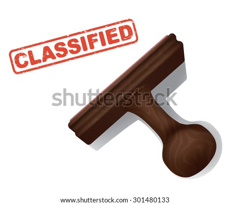 A realistic vector illustration of the word "CLASSIFIED" stamped in red by a rubber stamp with a wooden handle.