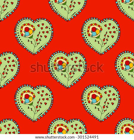 Seamless hand-drawn floral pattern with hearts in vector.