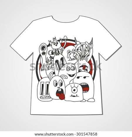 T-shirt with abstract set of monsters. Colorful print.
