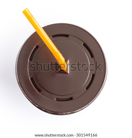 top view of empty paper cup of iced coffee on white background