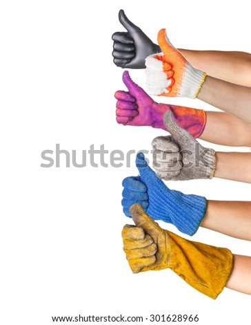 many hand in work gloves with thumb up isolated on white background. Ok sign