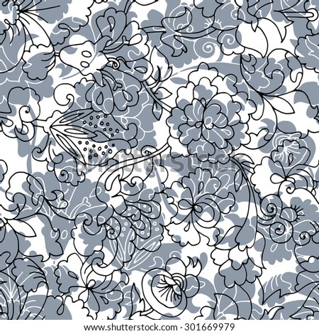 Seamless floral decorative multilayer pattern. Primitive outline flowers and leaves in a folk style. Vector illustration.