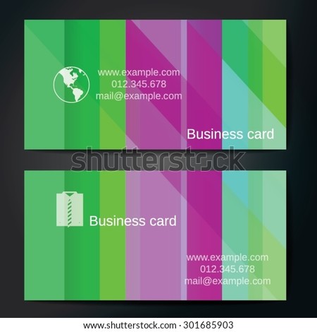 Stylish business cards with colorful straight stripes. Vector illustrations. 5 x 9 cm size.