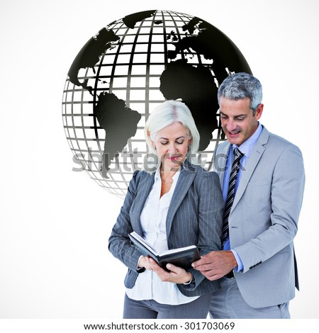 Smiling businesswoman and man with a notebook against white background with vignette