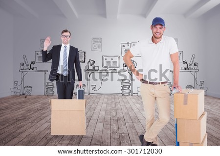 Happy delivery man leaning on trolley of boxes against doodle office in room Royalty-Free Stock Photo #301712030
