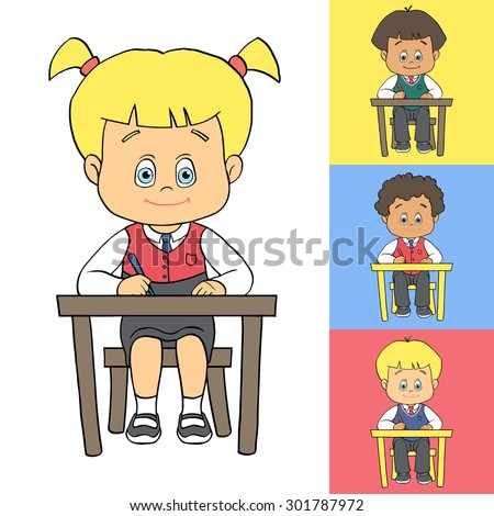 Set of cartoon cute boys and girls in school uniform at school/preschool/kindergarten. School children sitting at desk/table and writing/drawing. Outline vector clip art eps 10 illustration.