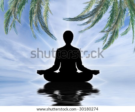 Human silhouette meditating over sky background
