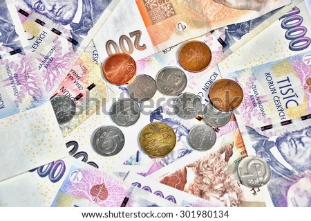 Background from czech crowns banknotes, One thousand, two hundred, five hundred and coins