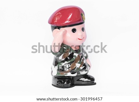 Ceramic dolls soldier on white background.