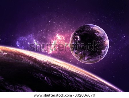 Planets over the nebulae in space. Elements of this image furnished by NASA
