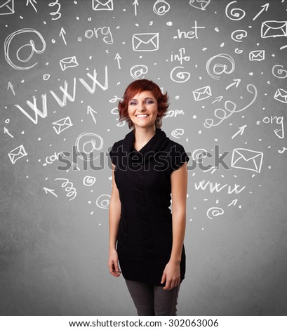 Pretty young girl with abstract white media icon doodles on gradient background